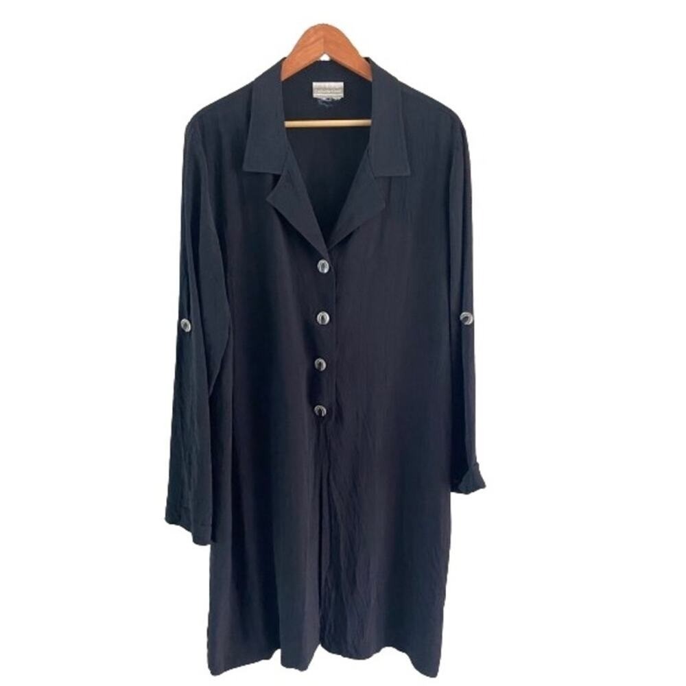 Womens Black Lagenlook Longline Button Front Roll Tab Sleeve Tunic Duster XL